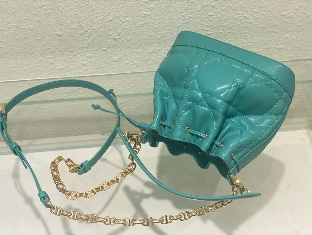 Small Dior Jolie Bucket Bag Aquamarina Macrocannage Lambskin and Calfskin